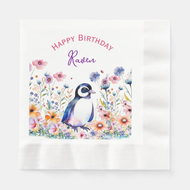 Guardanapo De Papel Pinguim no Aniversário da Menina das Flores Person (Frente)