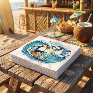Guardanapo De Papel Pinguim Surfista e Tubarão Cumprimentam-se com um