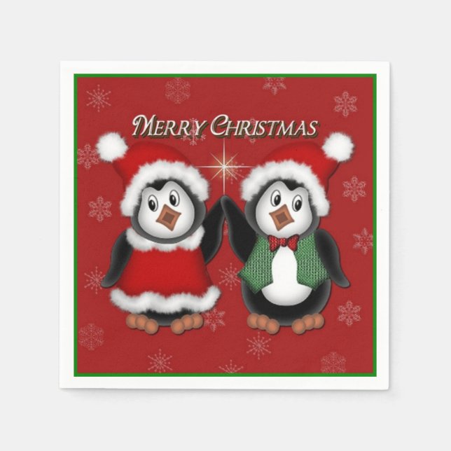 Guardanapo De Papel Pinguins bonitos Vermelhos Feliz Natal Napkins (Frente)