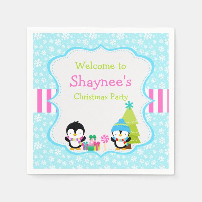 Guardanapo De Papel Pinguins Cachorros de inverno de Natal (Frente)