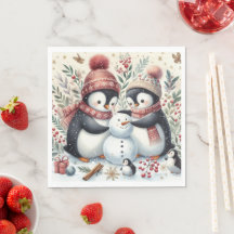 Pinguins Construindo Um Homem De Neve