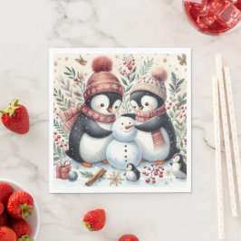 Guardanapo De Papel Pinguins Construindo Um Homem De Neve