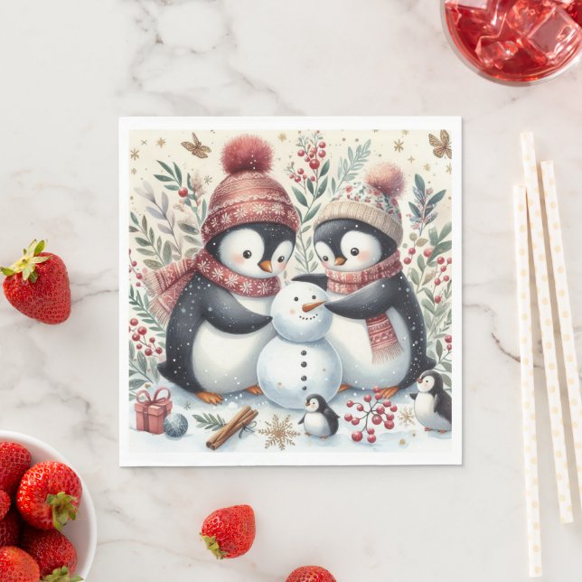 Guardanapo De Papel Pinguins Construindo Um Homem De Neve (Insitu)