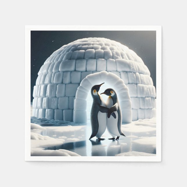 Guardanapo De Papel Pinguins Dançando Lentamente Por Igloo (Frente)