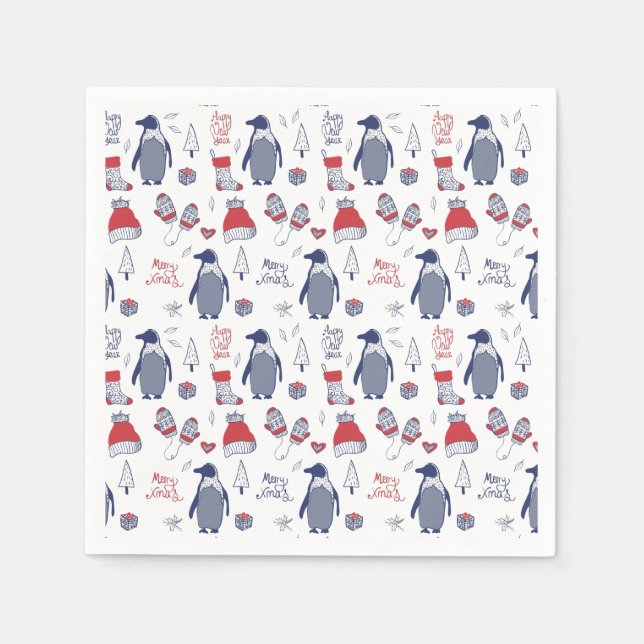 Guardanapo De Papel Pinguins de Natal Bonitos Pinguins Chapéus Luvas P (Frente)