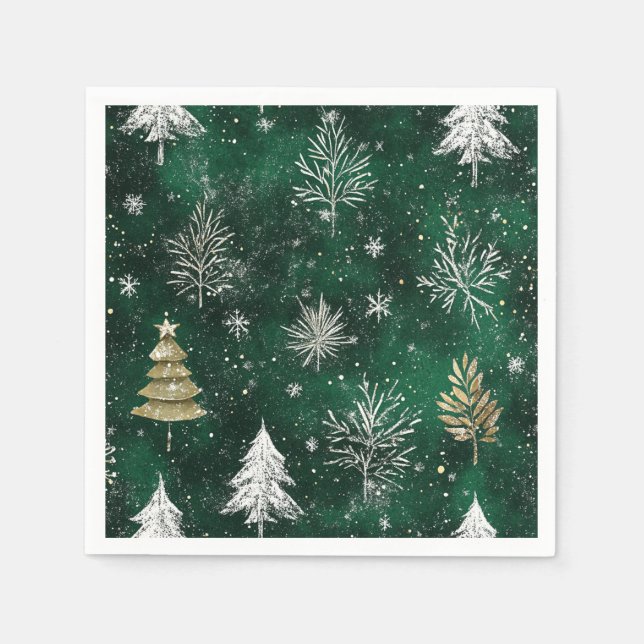 Guardanapo De Papel Pinheiros Dourados Prateados Flocos de Neve Caçado (Frente)