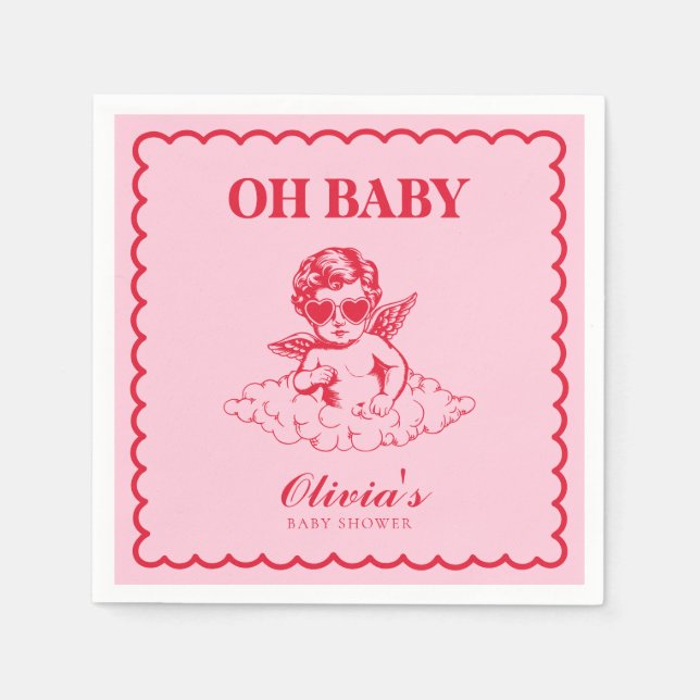 Guardanapo De Papel Pink and Red Retro Cherub Baby Shower (Frente)
