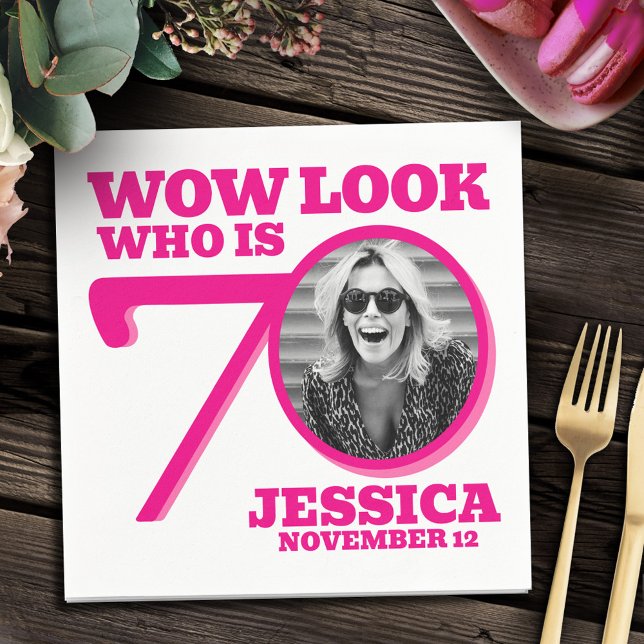 Guardanapo De Papel Pink and white 70th birthday photo look who is  (Criador carregado)