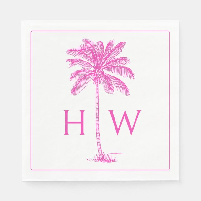 Guardanapo De Papel Pink and White Palm Palmetto Tree Monogram (Frente)