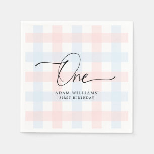 Guardanapo De Papel Pink Blue Gingham Primeiro Papel de Aniversário Na