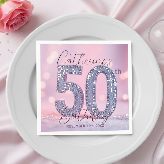Guardanapo De Papel Pink Bokeh Glam Silver Glitter 50th Birthday (Criador carregado)