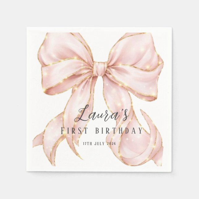 Guardanapo De Papel Pink Bow Girl First Birthday Party  (Frente)
