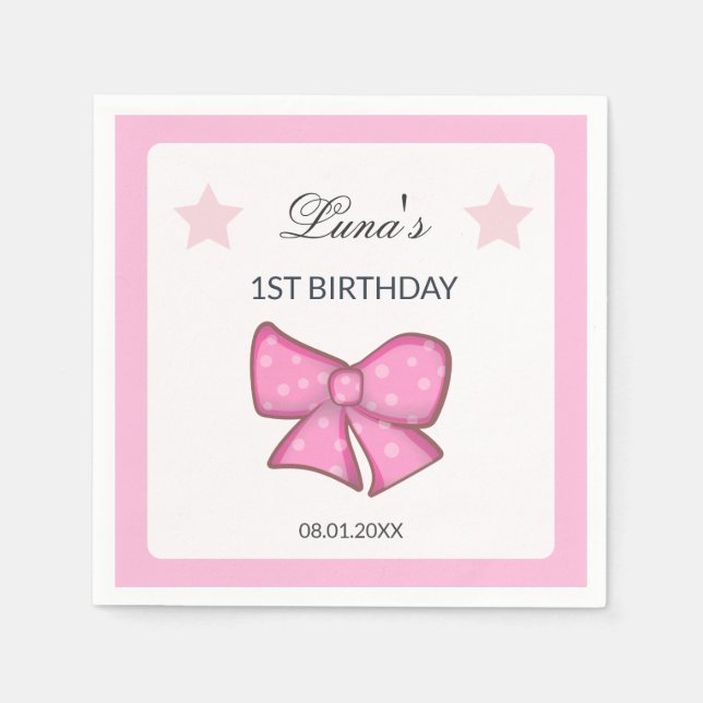 Guardanapo De Papel Pink Bow Girl Kids 1st Birthday  (Frente)