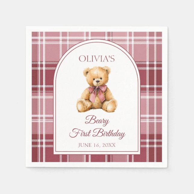 Guardanapo De Papel Pink Bow Preppy Teddy Bear 1st Birthday (Frente)