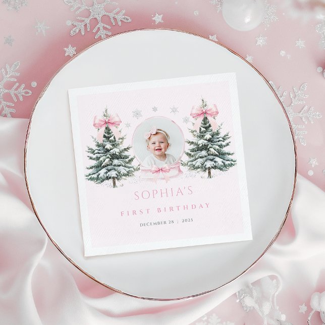 Guardanapo De Papel Pink Bow Winter Onederland First Birthday Napkins (Criador carregado)
