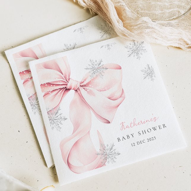 Guardanapo De Papel Pink Bow Winter Theme Snowflake Baby Shower (Criador carregado)