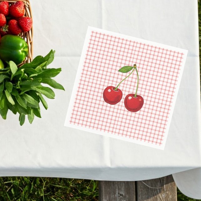 Guardanapo De Papel Pink Checked Paper Plates with Cherries  (Criador carregado)