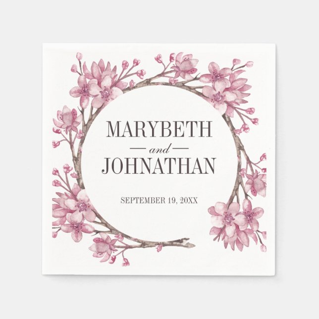 Guardanapo De Papel Pink Cherry Blossom Floral Wreath Casamento Napkin (Frente)