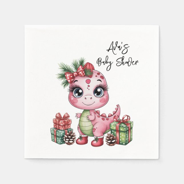 Guardanapo De Papel Pink Christmas Dino Girl Baby Shower (Frente)