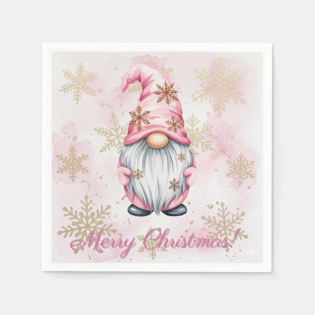 Guardanapo De Papel Pink Christmas Gnome Gold Snowflakes (Frente)