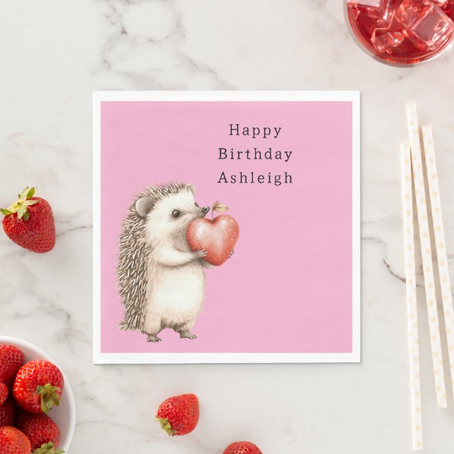 Guardanapo De Papel Pink Cute Hedgehog Heart Animal Birthday (Insitu)