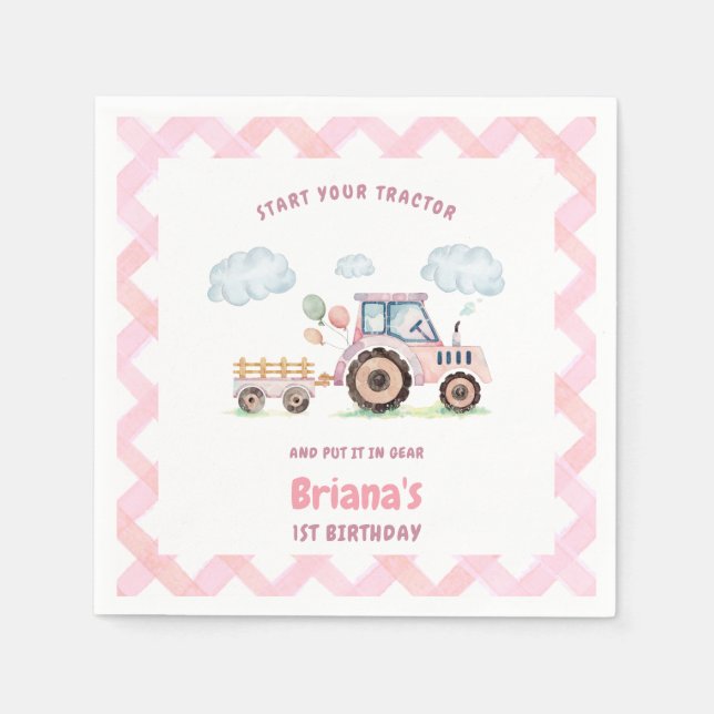 Guardanapo De Papel Pink Farm Tractor Girl Any Age Birthday (Frente)