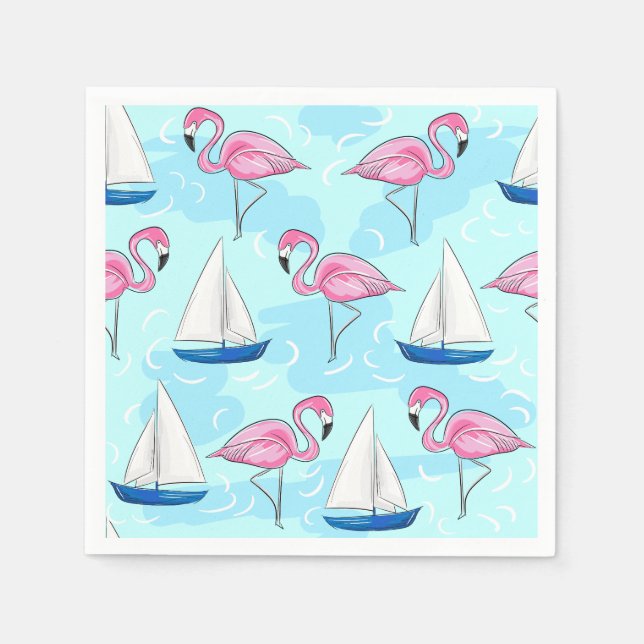 Guardanapo De Papel Pink Flamingo Blue Sailboat Preppy (Frente)