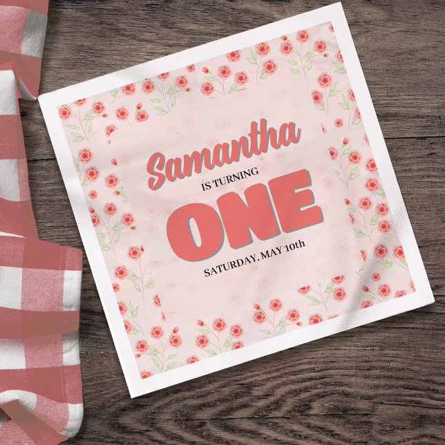 Guardanapo De Papel Pink Floral First Birthday Girl Custom Party (First Birthday party custom paper napkin template. )