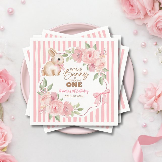 Guardanapo De Papel Pink Floral Some Bunny Turning One Birthday Party  (Criador carregado)