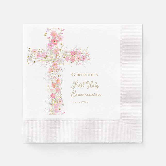 Guardanapo De Papel  pink flowers cross First Holy Communion (Frente)