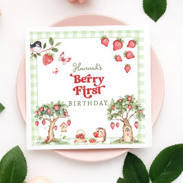 Guardanapo De Papel Pink Gingham Berry First Strawberry 1st Birthday