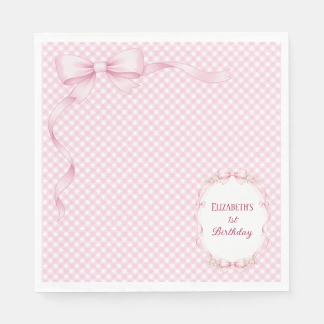 Guardanapo De Papel Pink Gingham Bow First Birthday Napkins (Frente)