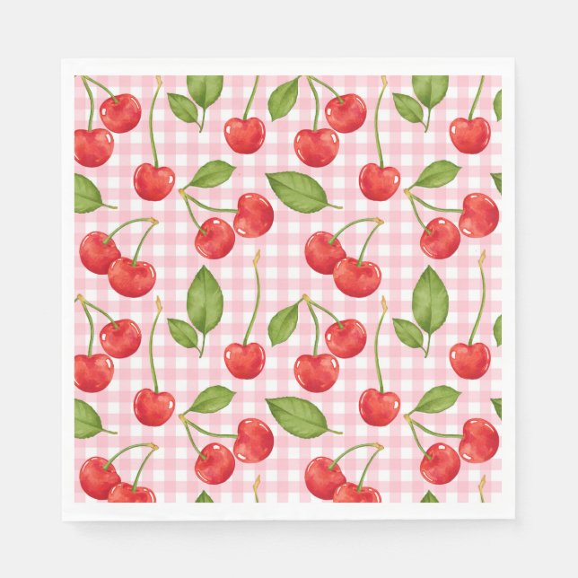 Guardanapo De Papel Pink Gingham Cherry Birthday Napkins (Frente)