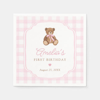 Guardanapo De Papel Pink Gingham Teddy Bear Beary First Birthday