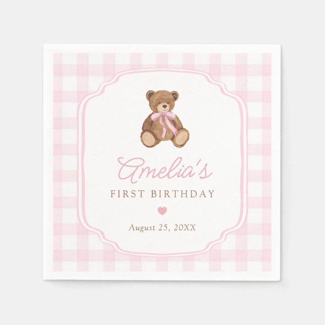 Guardanapo De Papel Pink Gingham Teddy Bear Beary First Birthday (Frente)