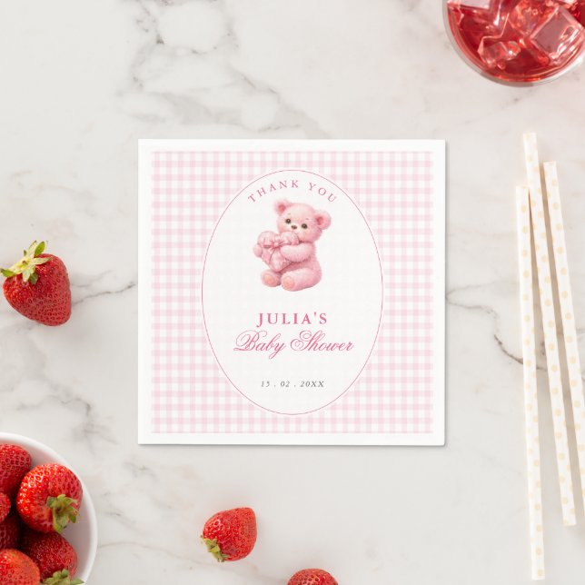 Guardanapo De Papel Pink Gingham Teddy Bear Neutral Baby Shower (Insitu)