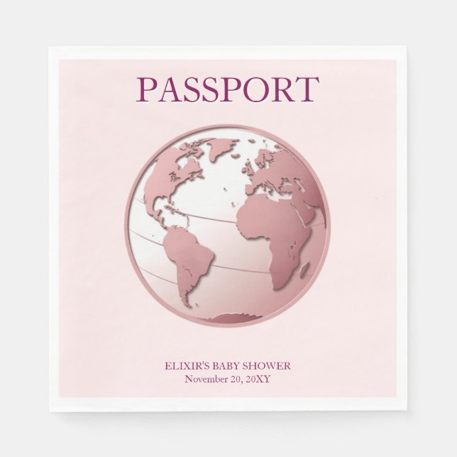 Guardanapo De Papel Pink Globe Passport Travel Baby Shower (Frente)