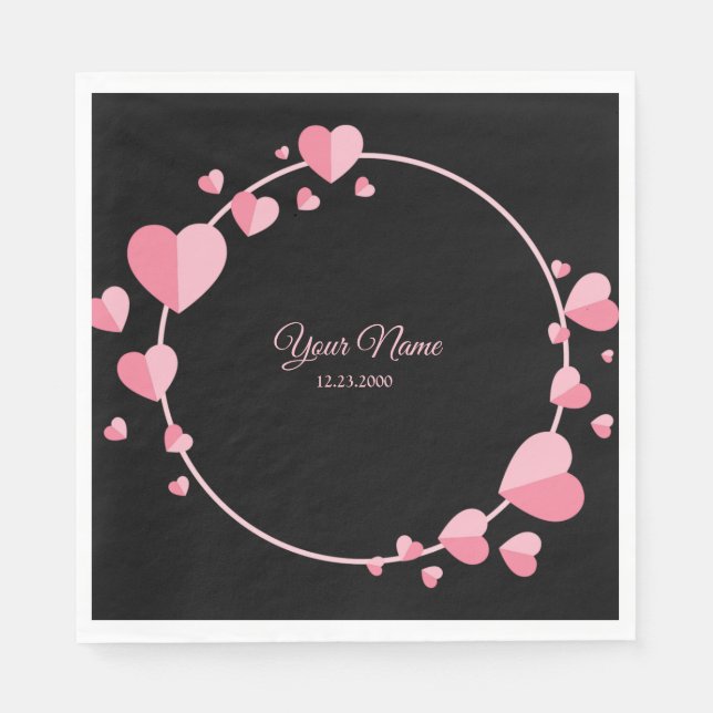 Guardanapo De Papel Pink Heart Black Geometric Wedding Party Elegant (Frente)
