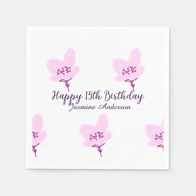 Guardanapo De Papel Pink mauve floral 15th birthday quinceanera name d (Frente)