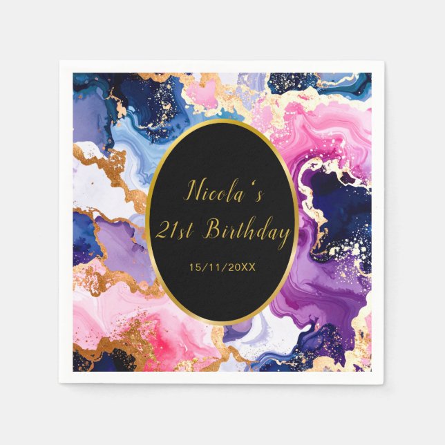 Guardanapo De Papel Pink, Navy Blue and Gold Ink Birthday Party (Frente)