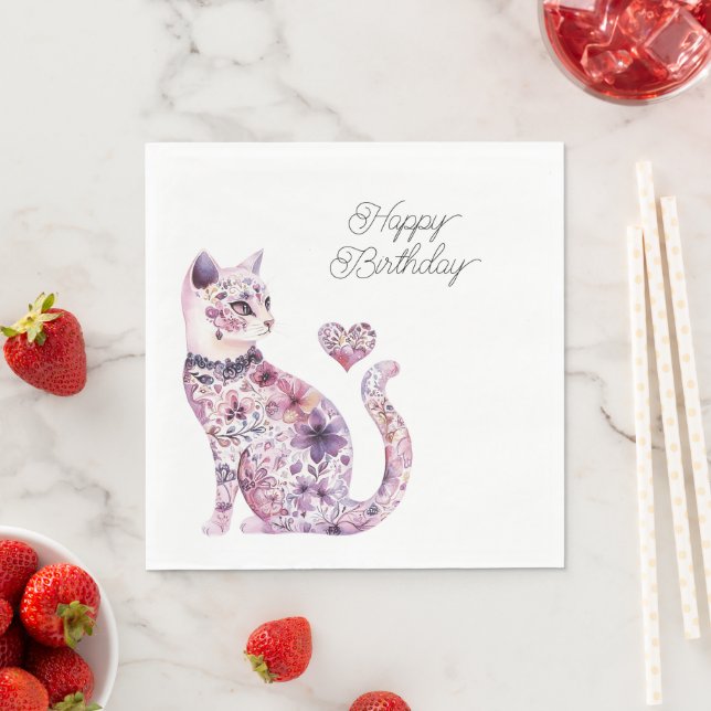 Guardanapo De Papel Pink Purple Blush Flowers Heart Love Cat Birthday (Insitu)