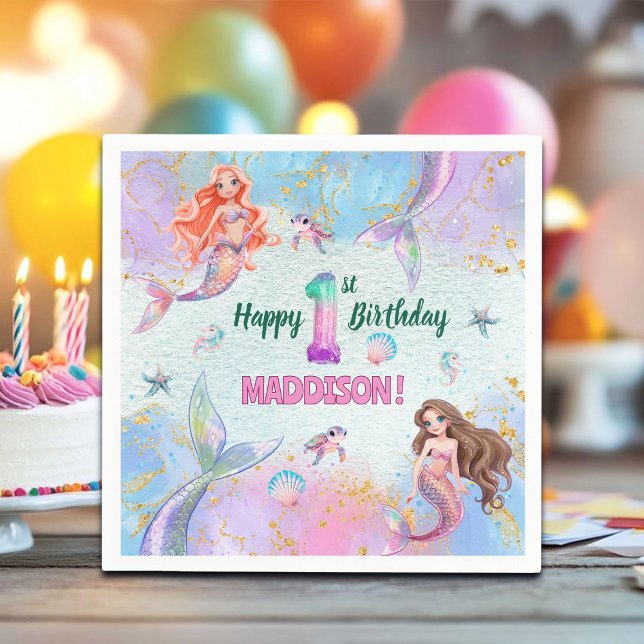 Guardanapo De Papel Pink Purple Glitter Mermaids 1st Birthday Party (Criador carregado)