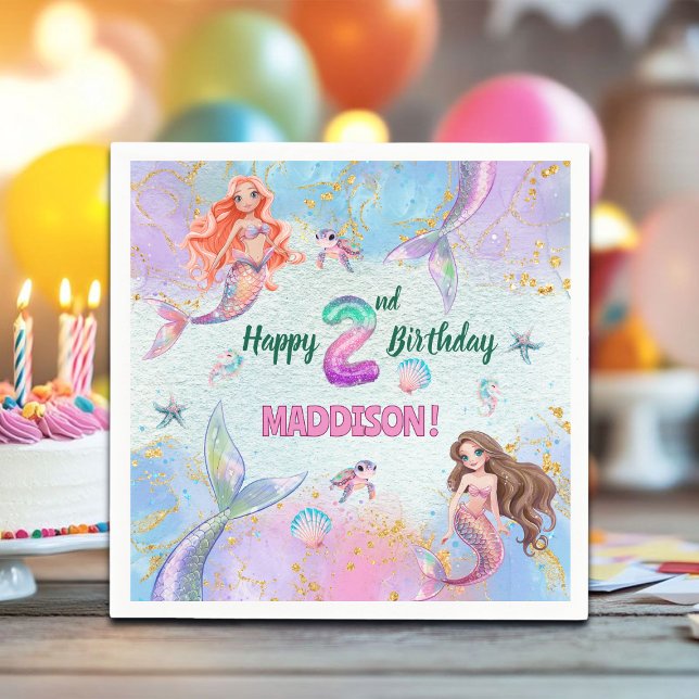 Guardanapo De Papel Pink Purple Glitter Mermaids 2nd Birthday Party (Criador carregado)