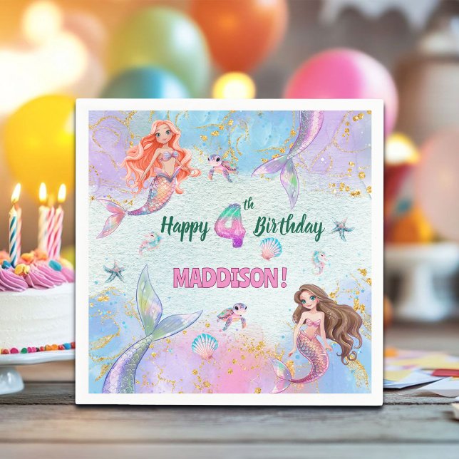 Guardanapo De Papel Pink Purple Glitter Mermaids 4th Birthday Party (Criador carregado)
