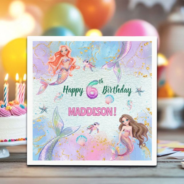 Guardanapo De Papel Pink Purple Glitter Mermaids 6th Birthday Party (Criador carregado)