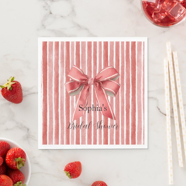Guardanapo De Papel Pink Red Candy Cane Stripes Bow Bridal Shower (Insitu)