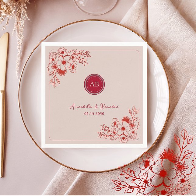Guardanapo De Papel Pink Red Floral Monogram Wedding (Criador carregado)