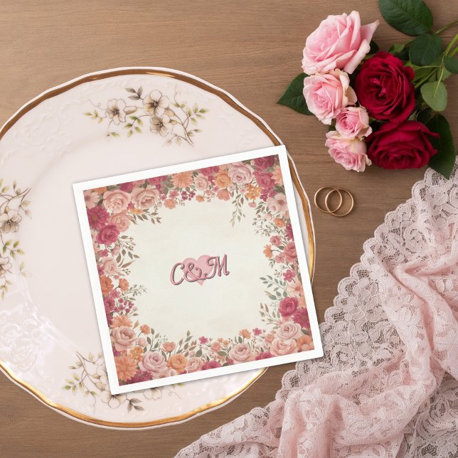 Guardanapo De Papel Pink & Red Romantic Rose Spring Floral Wedding (Flat lay pink red watercolor floral vintage spring garden romantic wedding monogram napkin)