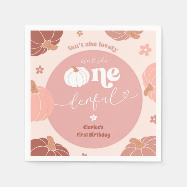 Guardanapo De Papel Pink Retro Pumpkin 1st Birthday Paper Napkin (Frente)