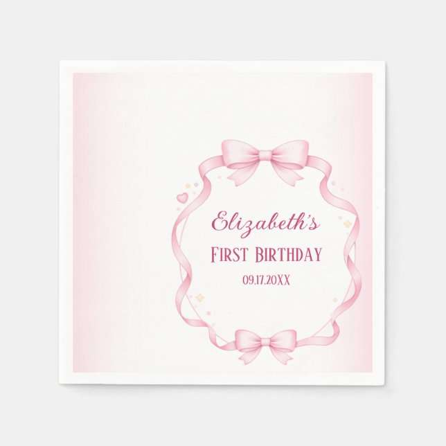 Guardanapo De Papel Pink Ribbon Bow First Birthday Square Sticker (Frente)